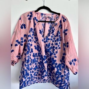 Ro’s Garden Marcia blue pink leaf cotton blouse